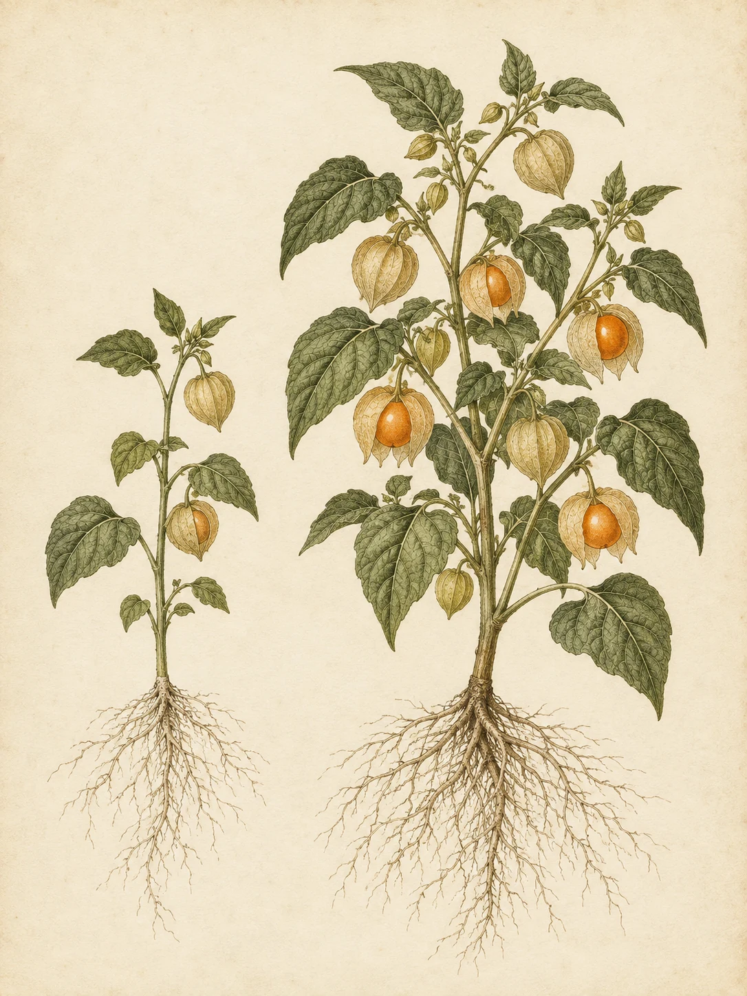 Vintage botanical study of two goldenberry plants with different branching and growth, illustrated in olive green and burnt orange on cream paper.